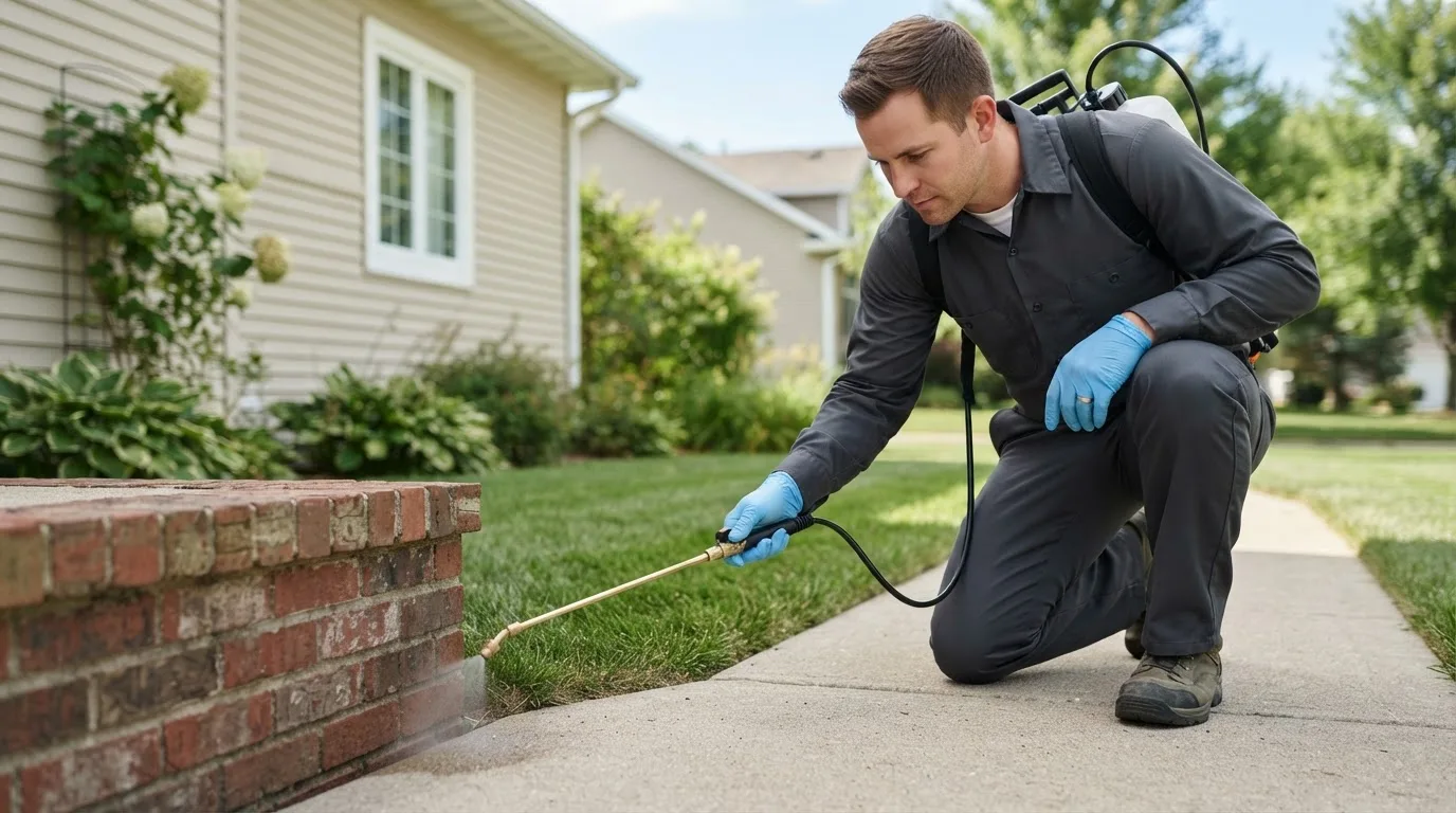 Pest control technician treating a home near East Nassau, NY